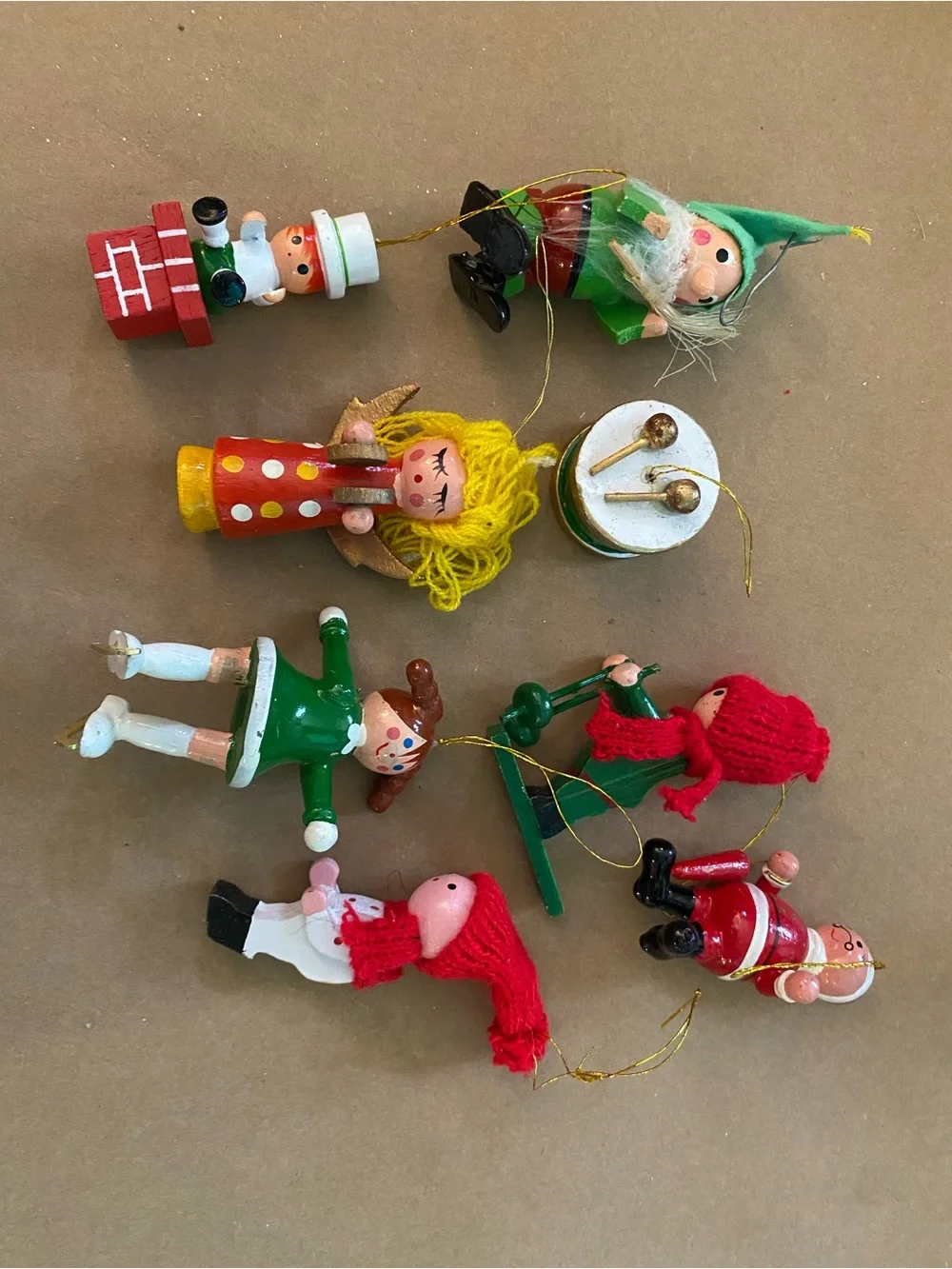 Vintage Wooden Figures Christmas Ornaments Set of 8, Colorful, ski, drum, angel